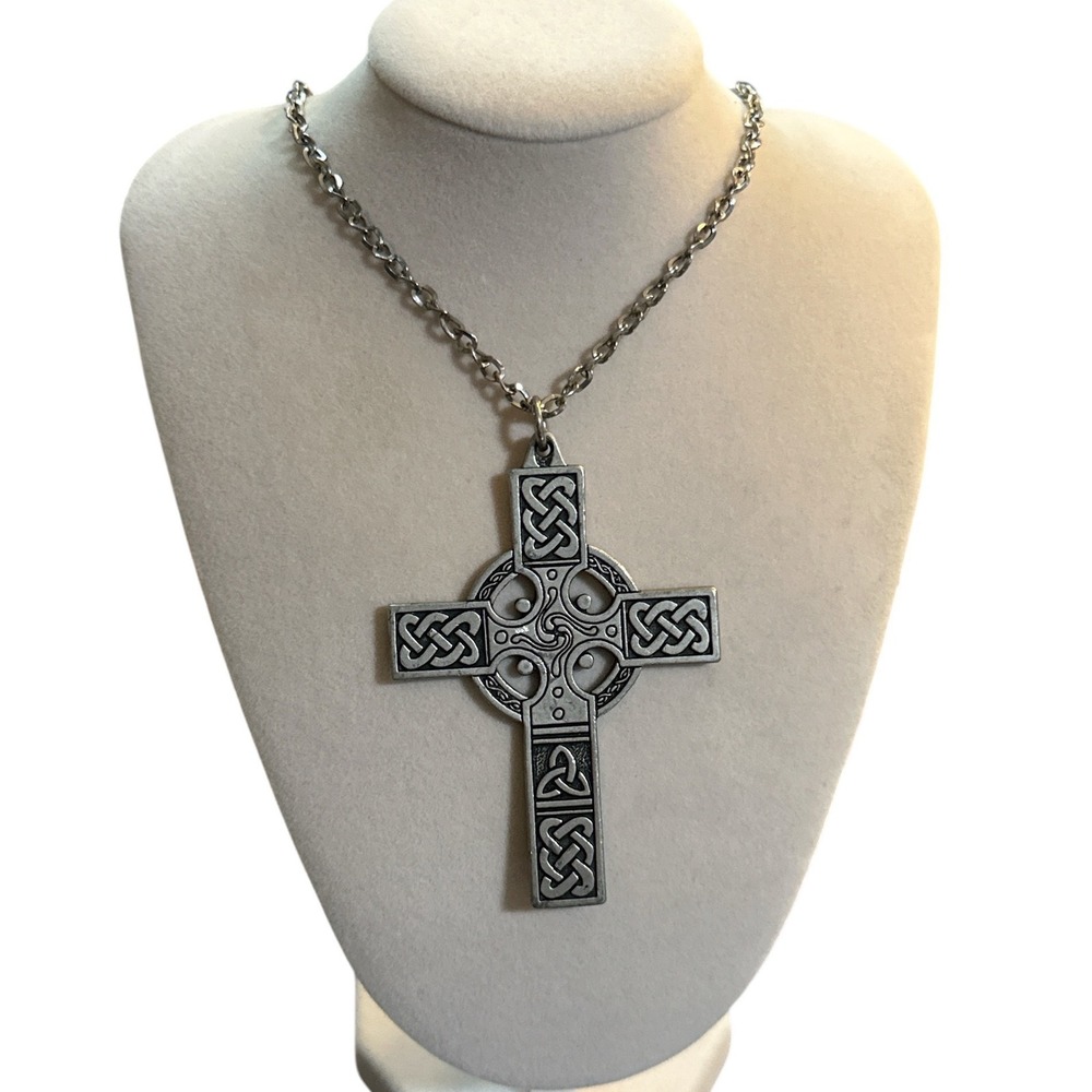 Large Celtic Cross Pendant Necklace Antiqued Silver Knotwork Triskele 17 Inch
